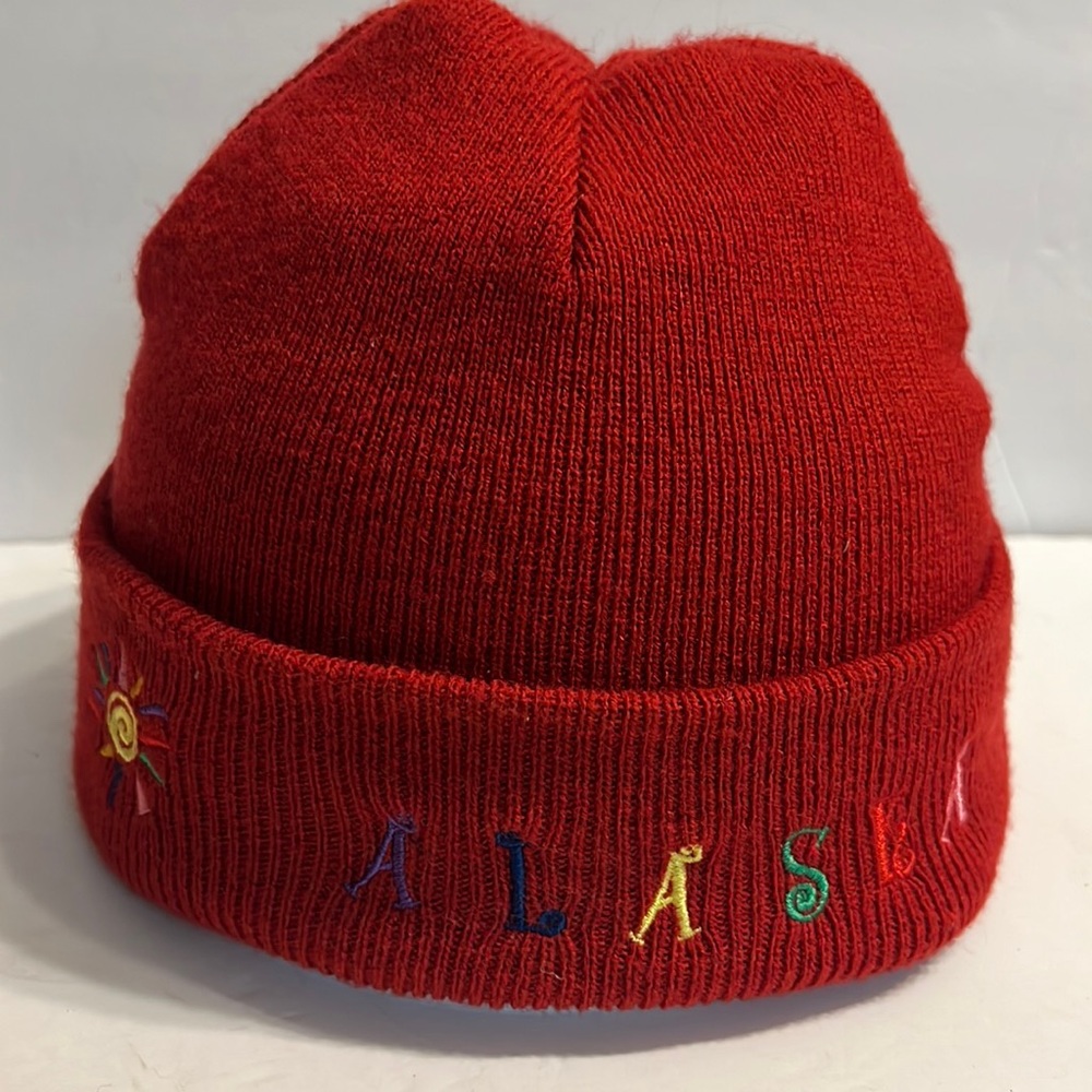 Red acrylic beanie. Alaska. Pretty embroidered Alaska design.